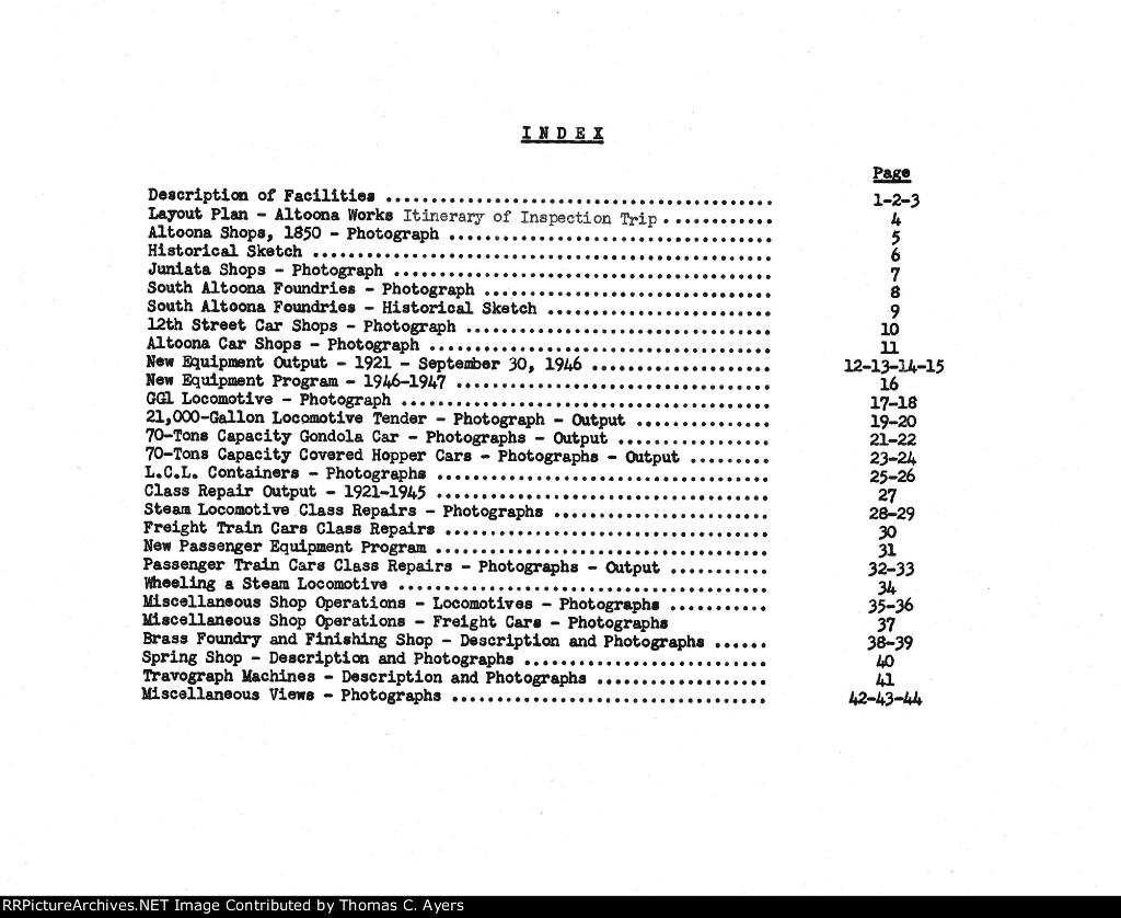 Altoona Works Inspection Report, Index Page, 1946